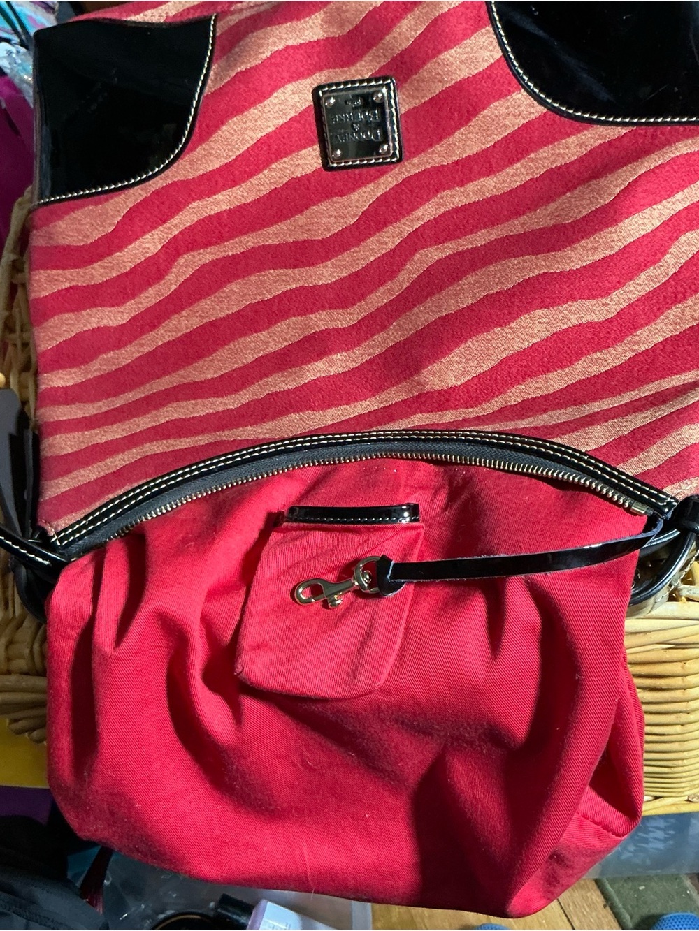 Dooney & Bourke Red and Beige Zebra Stripe Tote with Patent Black Trim - Picture 15 of 16